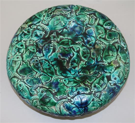 Kate Malone. A green and blue glazed fish moulded bowl, diameter 32.5cm